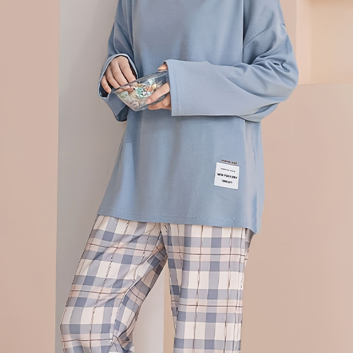 Pajama Set Women's Long Sleeve Pink Top Plaid Pants – Sleepwear, Loungewear, Casual, Gift