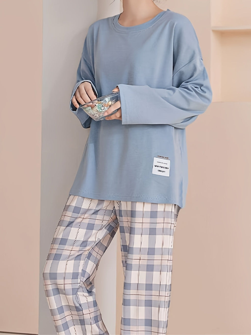 Pajama Set Women's Long Sleeve Pink Top Plaid Pants – Sleepwear, Loungewear, Casual, Gift
