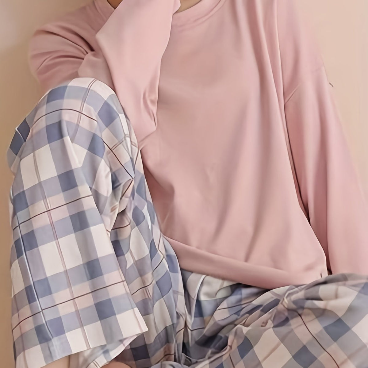 Pajama Set Women's Long Sleeve Pink Top Plaid Pants – Sleepwear, Loungewear, Casual, Gift