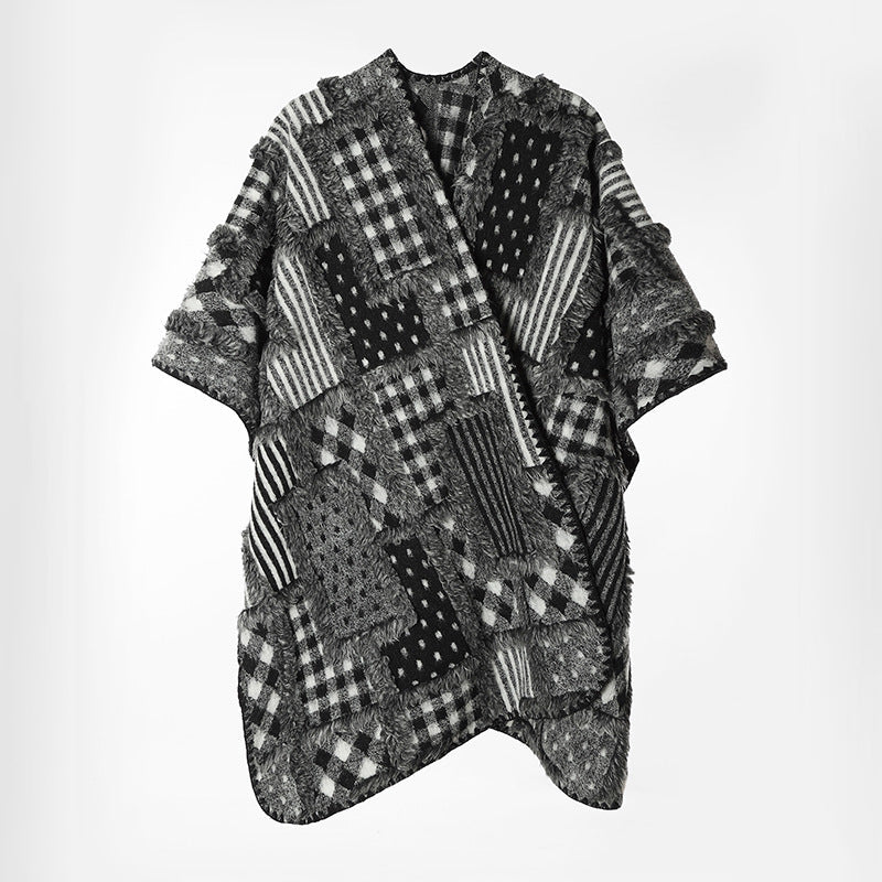Patchwork Kimono Cape Women's Oversize Open Front Black White – Casual, Office, Holiday, Gift
