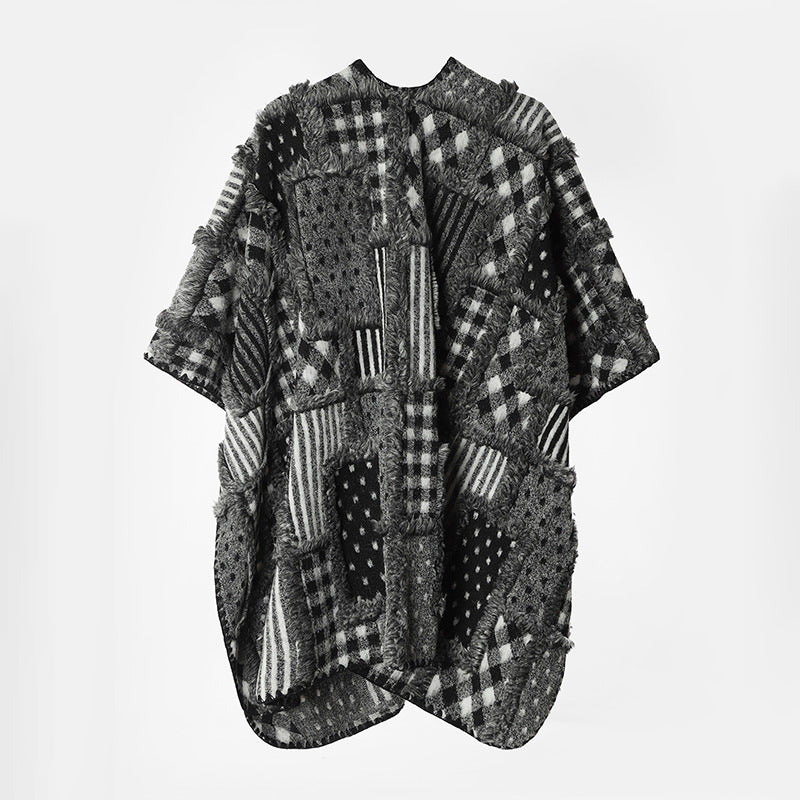 Patchwork Kimono Cape Women's Oversize Open Front Black White – Casual, Office, Holiday, Gift
