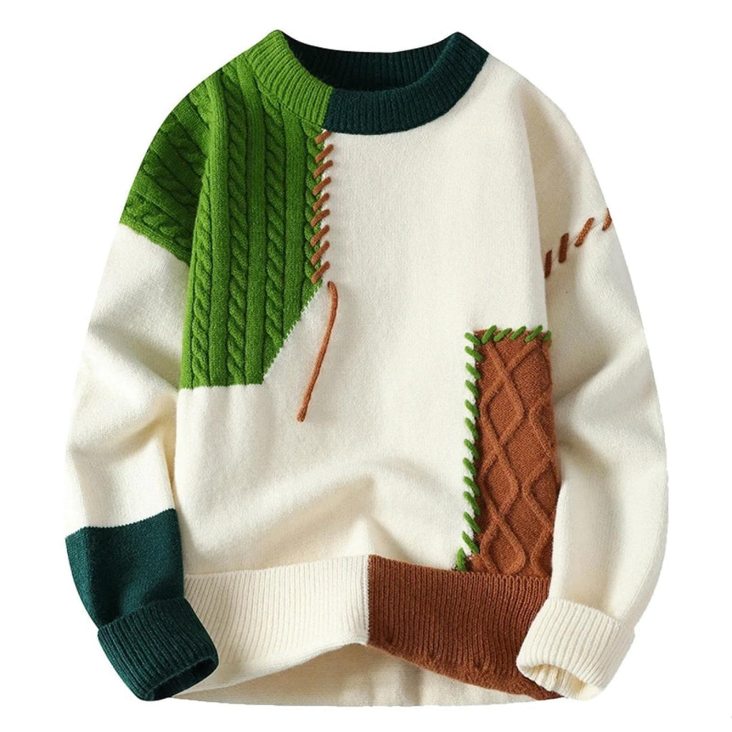 Patchwork Knit Sweater Men's Crew Neck Cable Color Block Pullover – Casual, Winter