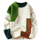 Patchwork Knit Sweater Men's Crew Neck Cable Color Block Pullover – Casual, Winter