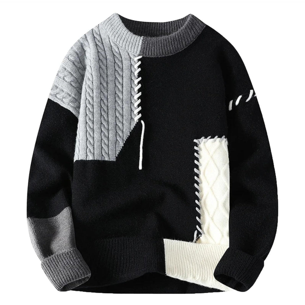 Patchwork Knit Sweater Men's Crew Neck Cable Color Block Pullover – Casual, Winter
