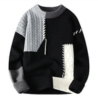 Patchwork Knit Sweater Men's Crew Neck Cable Color Block Pullover – Casual, Winter