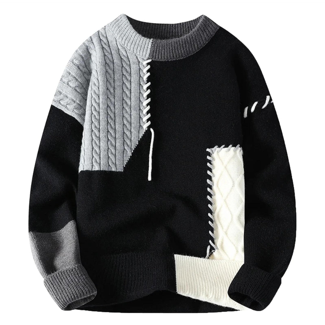 Patchwork Knit Sweater Men's Crew Neck Cable Color Block Pullover – Casual, Winter