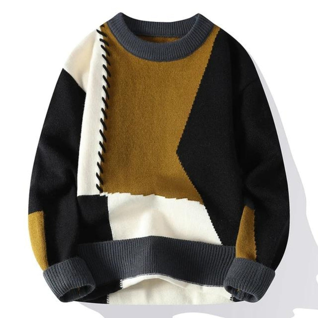 Patchwork Knit Sweater Men's Crew Neck Cable Color Block Pullover – Casual, Winter