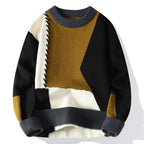 Patchwork Knit Sweater Men's Crew Neck Cable Color Block Pullover – Casual, Winter