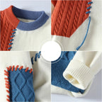 Patchwork Knit Sweater Men's Crew Neck Cable Color Block Pullover – Casual, Winter