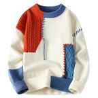 Patchwork Knit Sweater Men's Crew Neck Cable Color Block Pullover – Casual, Winter