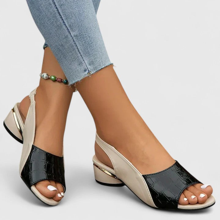 Peep Toe Slingback Sandals Black Beige Croc Block Heel Women's – Office, Casual · Faylori