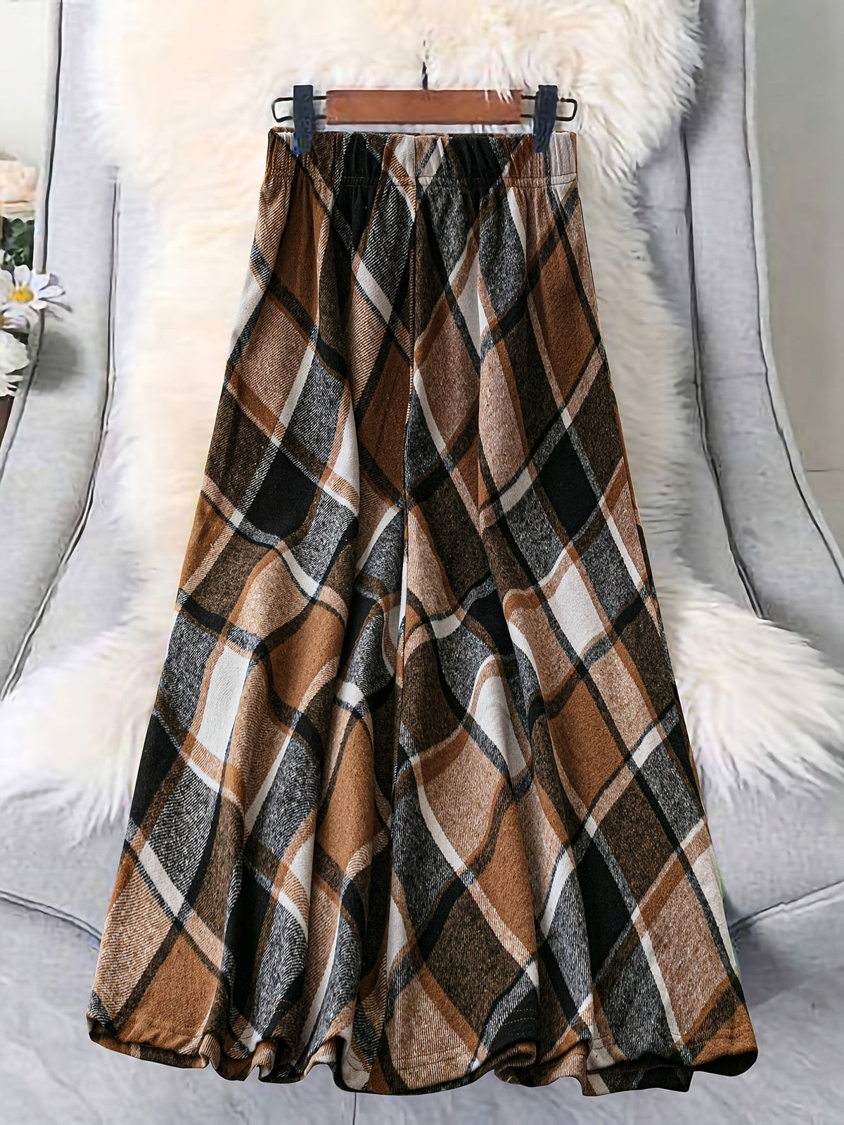 Plaid A-Line Skirt Women's Flared High Waist Midi Skirt Brown Black Check – Casual, Office