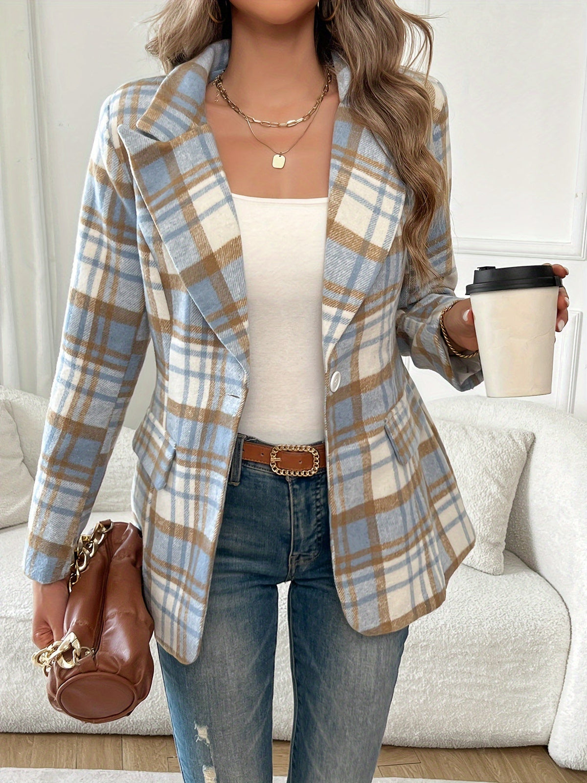 Plaid Blazer Women's Blue Lapel Single Button Long Sleeve Jacket – Office, Casual