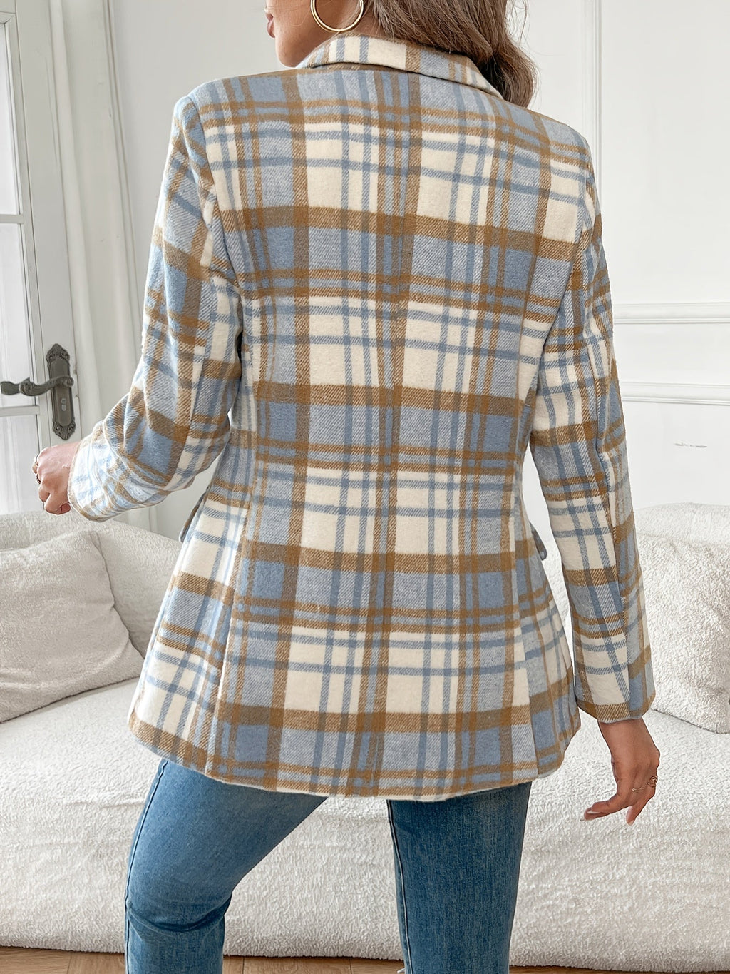 Plaid Blazer Women's Blue Lapel Single Button Long Sleeve Jacket – Office, Casual