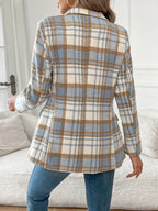Plaid Blazer Women's Blue Lapel Single Button Long Sleeve Jacket – Office, Casual