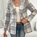 Plaid Blazer Women's Blue Lapel Single Button Long Sleeve Jacket – Office, Casual