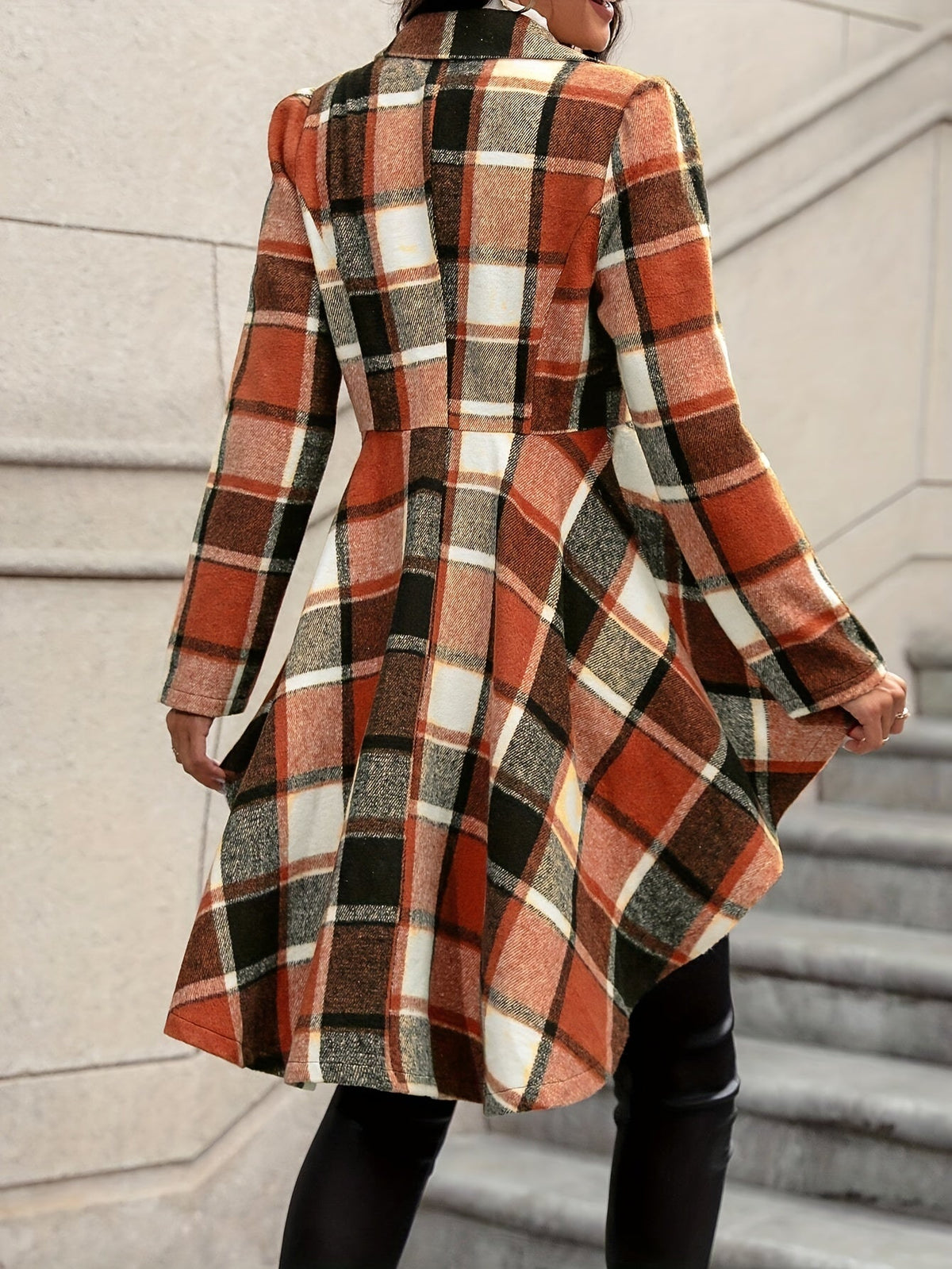Plaid Draped Jacket Women's Open Front Long Sleeve High-Low Hem – Casual, Office