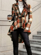 Plaid Draped Jacket Women's Open Front Long Sleeve High-Low Hem – Casual, Office