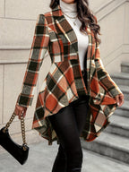 Plaid Draped Jacket Women's Open Front Long Sleeve High-Low Hem – Casual, Office