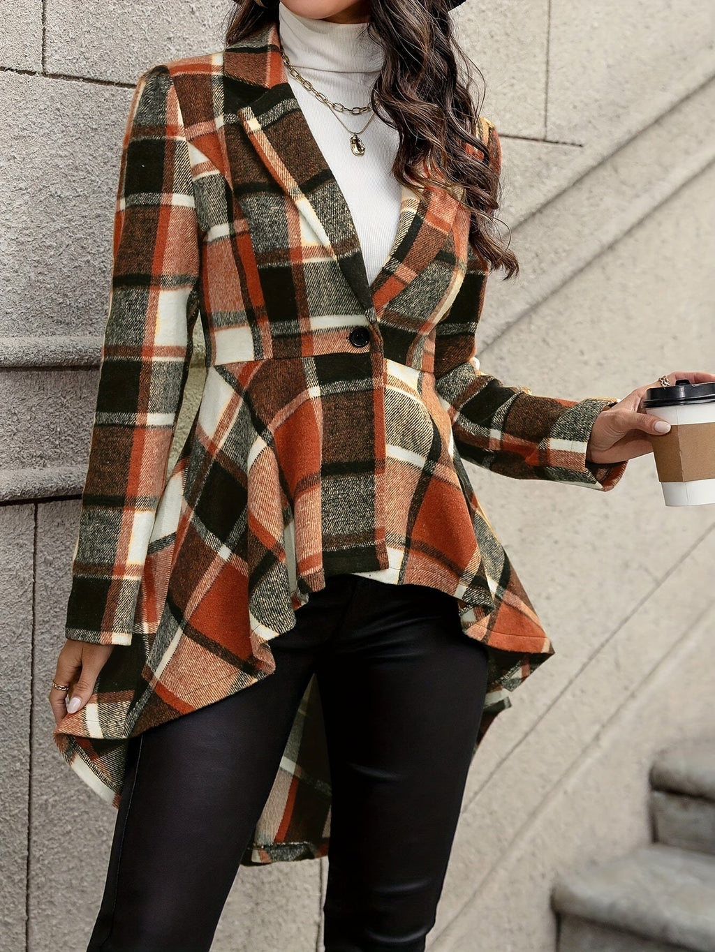 Plaid Draped Jacket Women's Open Front Long Sleeve High-Low Hem – Casual, Office