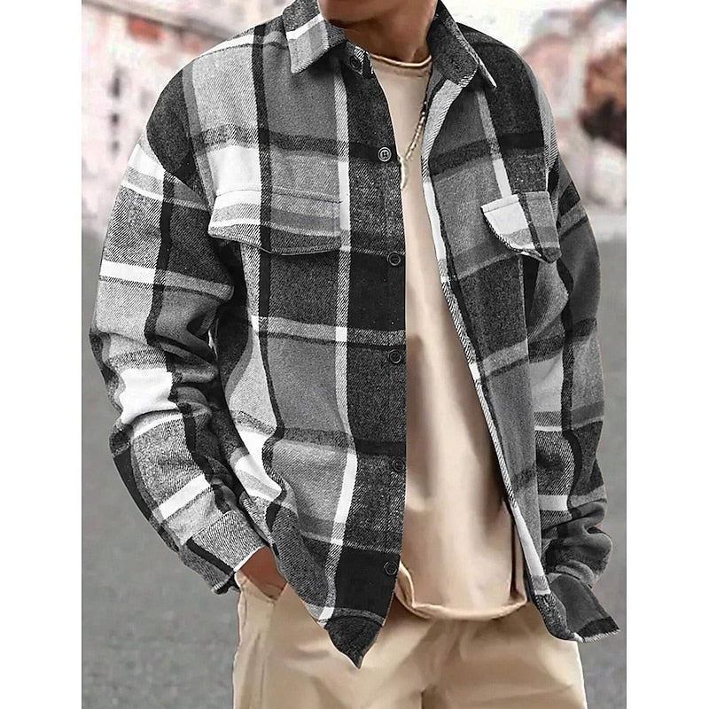 Plaid Flannel Overshirt Men's Long Sleeve Button-Up Shacket – Casual, Office, Fall Layering Gift