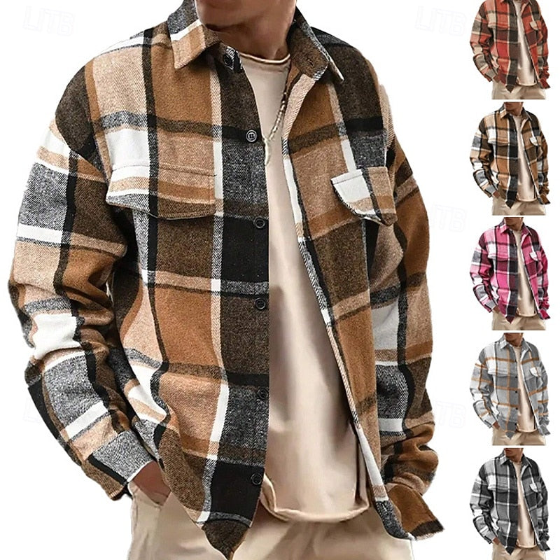 Plaid Flannel Overshirt Men's Long Sleeve Button-Up Shacket – Casual, Office, Fall Layering Gift