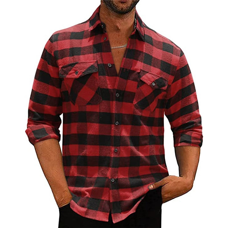 Plaid Flannel Shirt Men's Long Sleeve Black White Check with Chest Pockets – Casual, Office