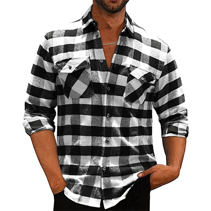Plaid Flannel Shirt Men's Long Sleeve Black White Check with Chest Pockets – Casual, Office