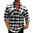 Plaid Flannel Shirt Men's Long Sleeve Black White Check with Chest Pockets – Casual, Office