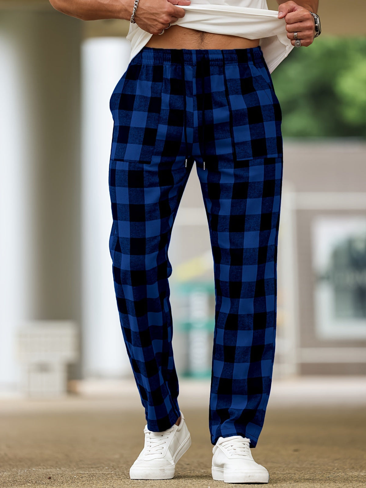 Plaid Lounge Pants Men's Black White Drawstring Relaxed Fit – Casual, Loungewear, Everyday, Gift