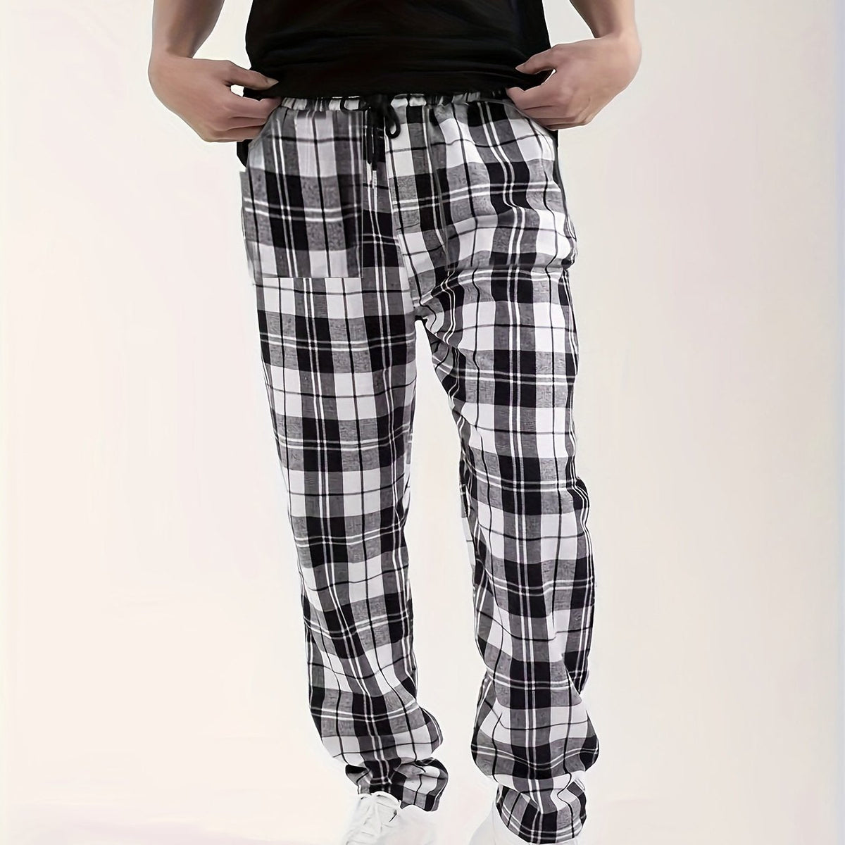 Plaid Lounge Pants Men's Black White Drawstring Relaxed Fit – Casual, Loungewear, Everyday, Gift