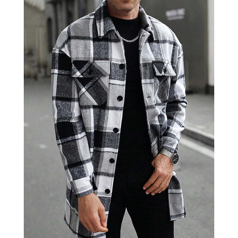 Plaid Overshirt Men's Long Sleeve Button-Up Shacket with Chest Pockets – Casual, Fall Layering Jacket