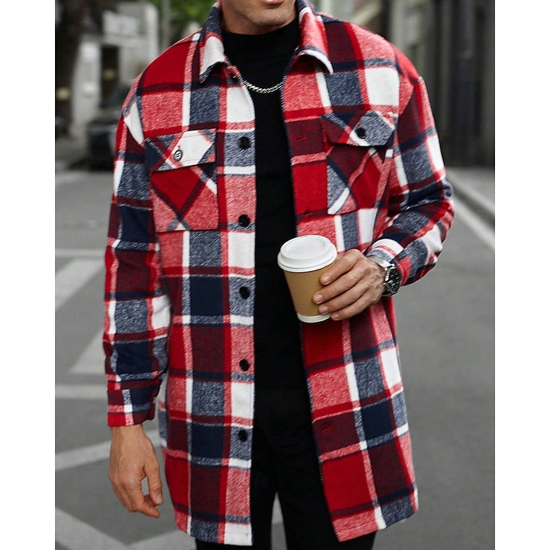 Plaid Overshirt Men's Long Sleeve Button-Up Shacket with Chest Pockets – Casual, Fall Layering Jacket