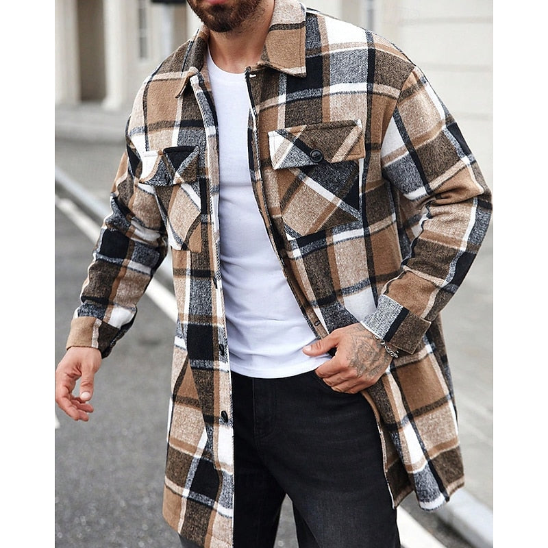 Plaid Overshirt Men's Long Sleeve Button-Up Shacket with Chest Pockets – Casual, Fall Layering Jacket