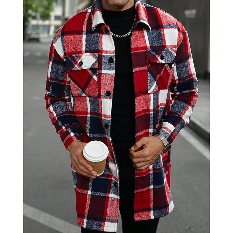 Plaid Overshirt Men's Long Sleeve Button-Up Shacket with Chest Pockets – Casual, Fall Layering Jacket