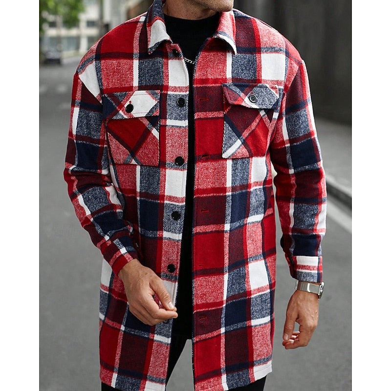 Plaid Overshirt Men's Long Sleeve Button-Up Shacket with Chest Pockets – Casual, Fall Layering Jacket