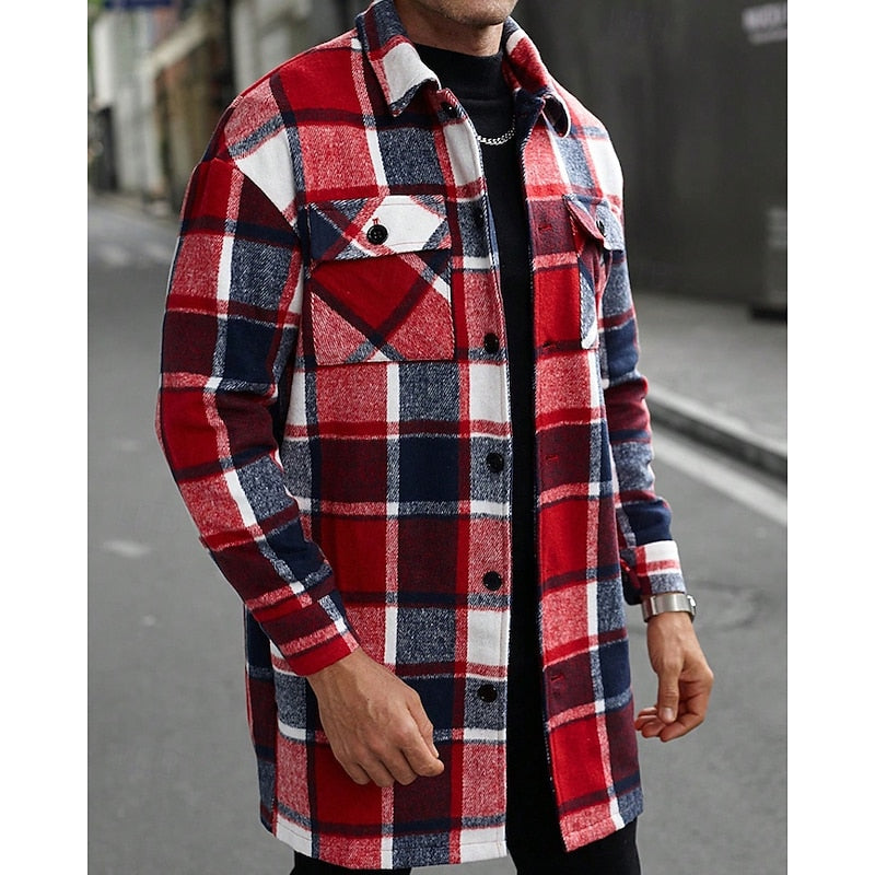 Plaid Overshirt Men's Long Sleeve Button-Up Shacket with Chest Pockets – Casual, Fall Layering Jacket