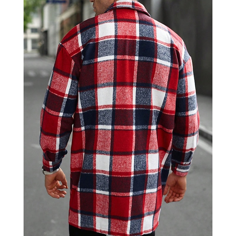 Plaid Overshirt Men's Long Sleeve Button-Up Shacket with Chest Pockets – Casual, Fall Layering Jacket