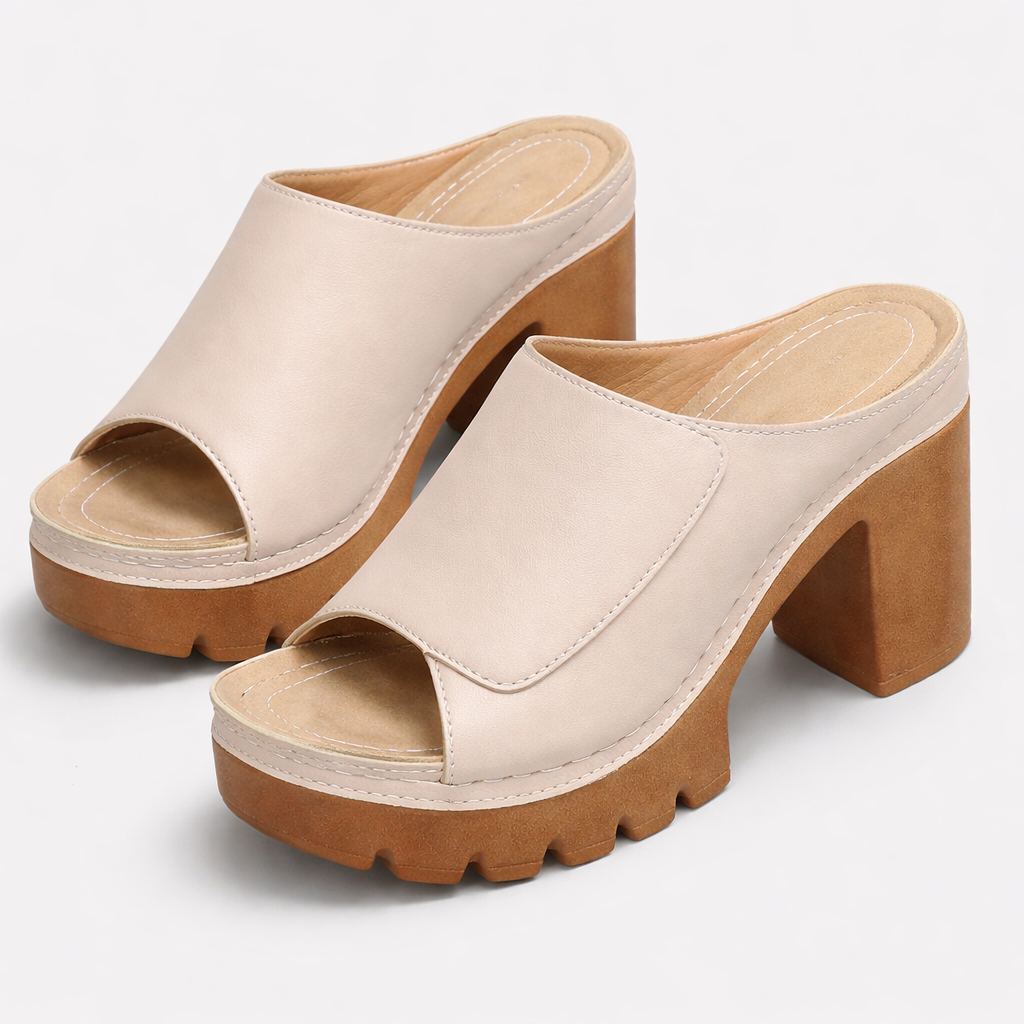 Platform Heel Mules Women's Tan Peep Toe Chunky Block Heel Sandals – Office, Casual