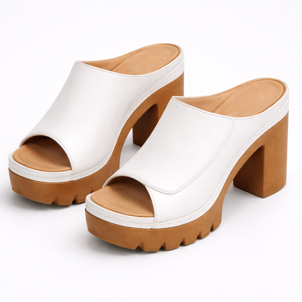 Platform Heel Mules Women's Tan Peep Toe Chunky Block Heel Sandals – Office, Casual