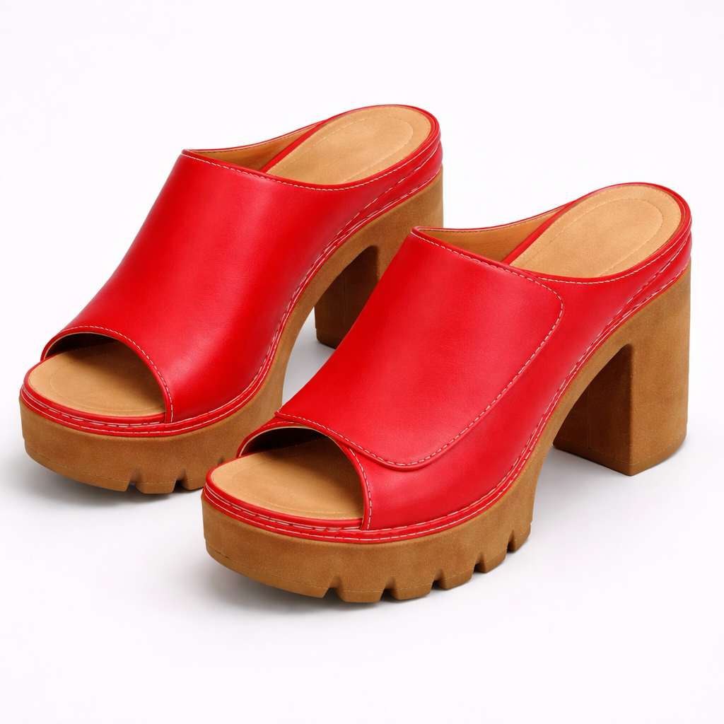 Platform Heel Mules Women's Tan Peep Toe Chunky Block Heel Sandals – Office, Casual