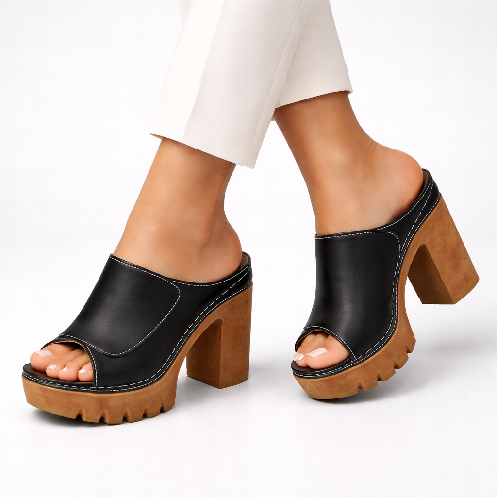 Platform Heel Mules Women's Tan Peep Toe Chunky Block Heel Sandals – Office, Casual