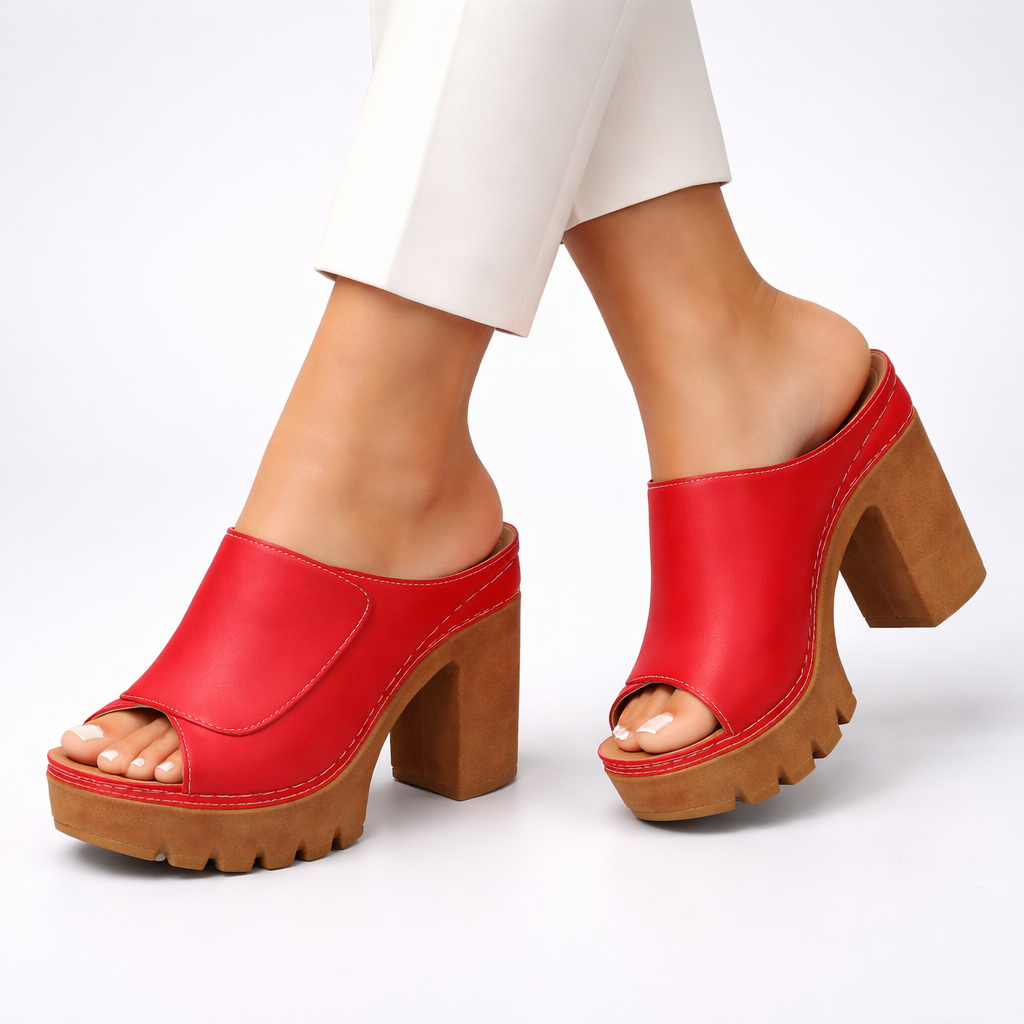 Platform Heel Mules Women's Tan Peep Toe Chunky Block Heel Sandals – Office, Casual