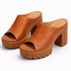Platform Heel Mules Women's Tan Peep Toe Chunky Block Heel Sandals – Office, Casual
