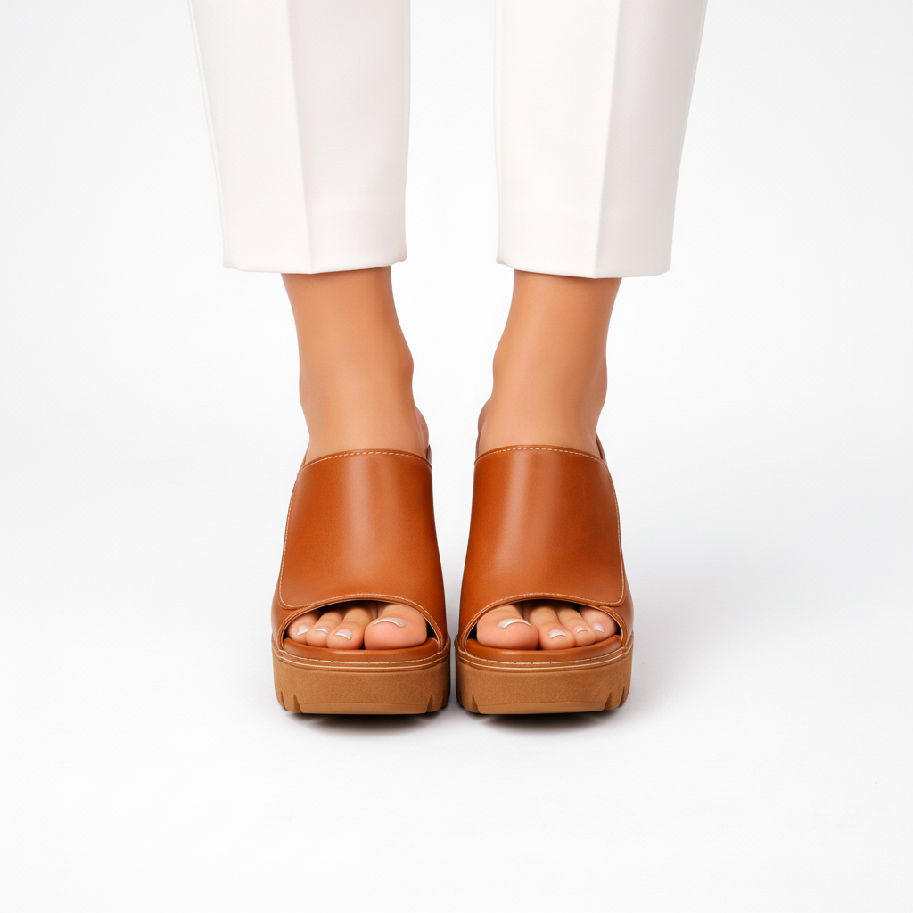Platform Heel Mules Women's Tan Peep Toe Chunky Block Heel Sandals – Office, Casual