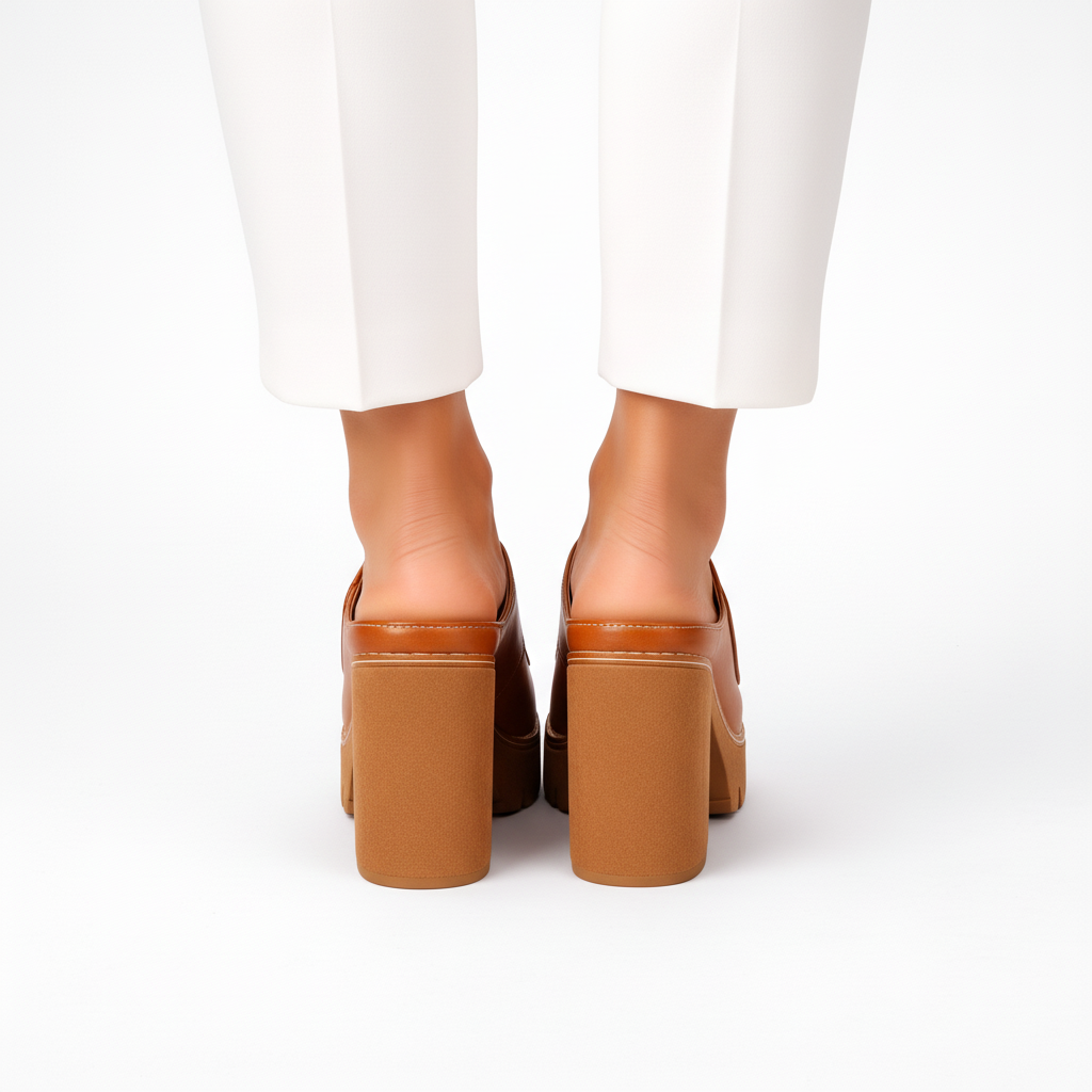 Platform Heel Mules Women's Tan Peep Toe Chunky Block Heel Sandals – Office, Casual
