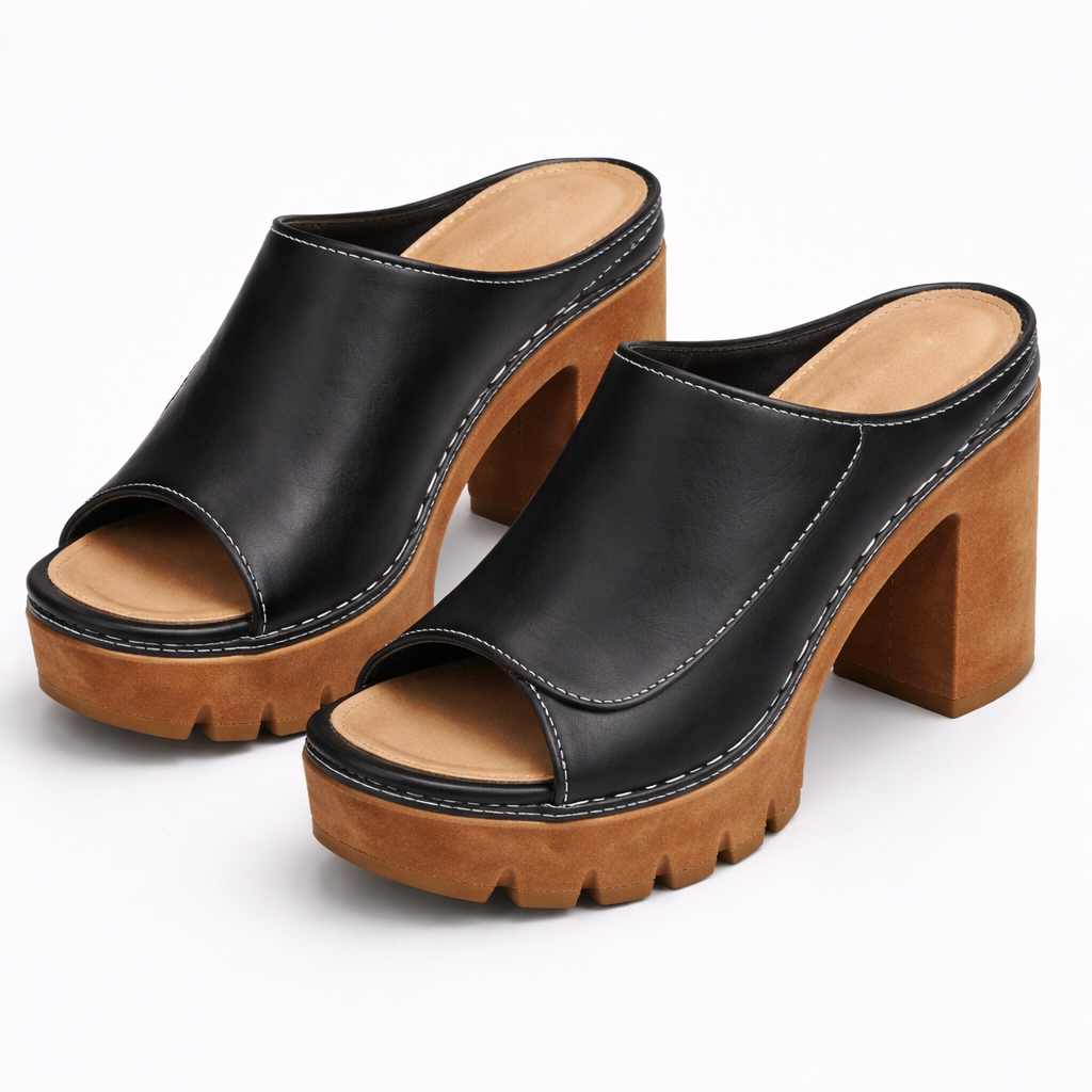 Platform Heel Mules Women's Tan Peep Toe Chunky Block Heel Sandals – Office, Casual