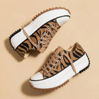 Platform Sneakers Beige Canvas Lace-Up Women's Low-Top Shoes – Casual, Everyday Wear