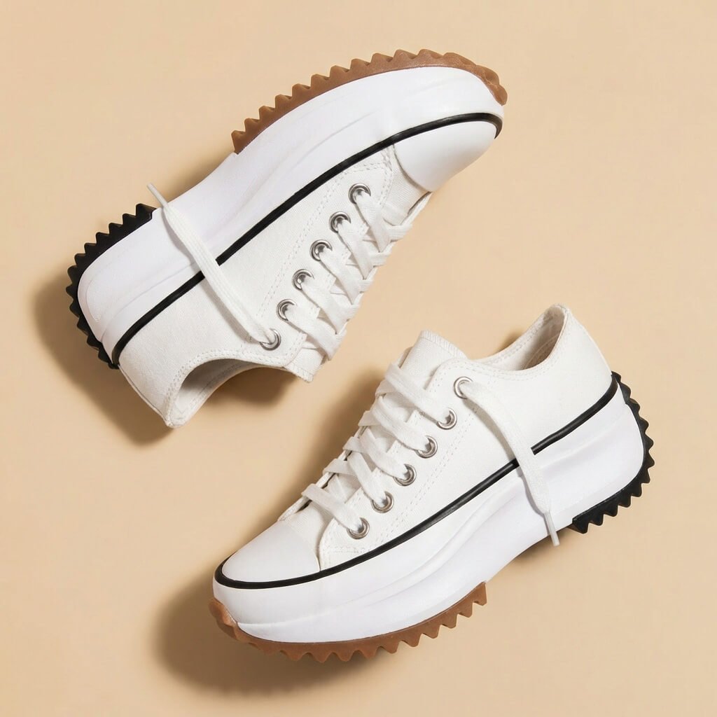Platform Sneakers Beige Canvas Lace-Up Women's Low-Top Shoes – Casual, Everyday Wear
