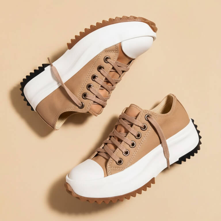 Platform Sneakers Beige Canvas Lace-Up Women's Low-Top Shoes – Casual, Everyday Wear
